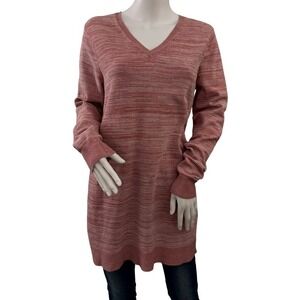 DULUTH Trading Co V Neck Long Sleeve Marled Knit Tunic Sweater Women Medium Pink